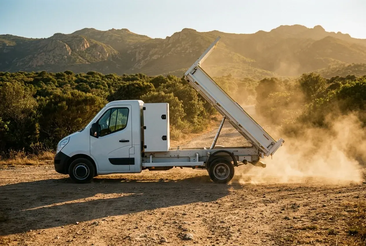 Camion benne blanc sur une piste du maquis, benne relevée, au soleil couchant.