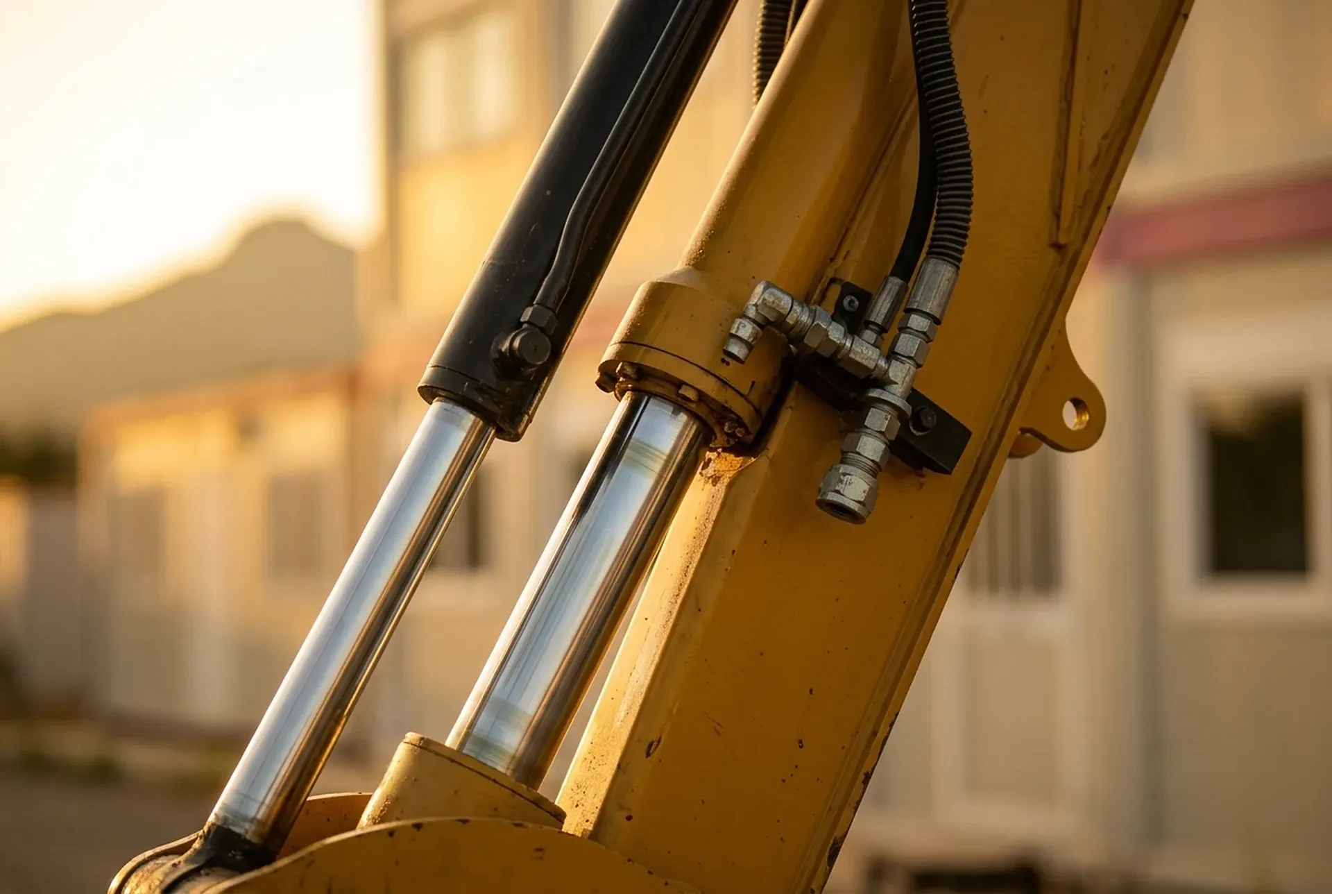 Les vérins hydrauliques et le bras jaune d'une pelle, en gros plan, devant un bâtiment.