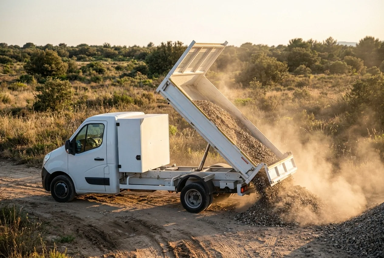 Camion benne blanc qui vide un chargement de gravier sur une piste, dans la poussière.