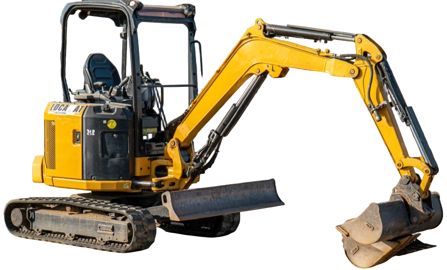Mini-pelle Caterpillar 2,7 tonnes du parc Locamat, godet posé au sol
