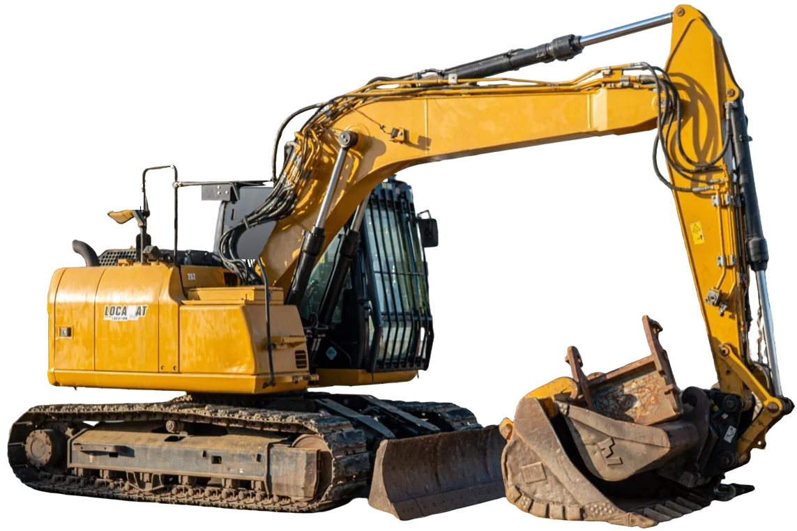 Pelle 14 tonnes du parc Locamat, chenilles acier, godet au sol