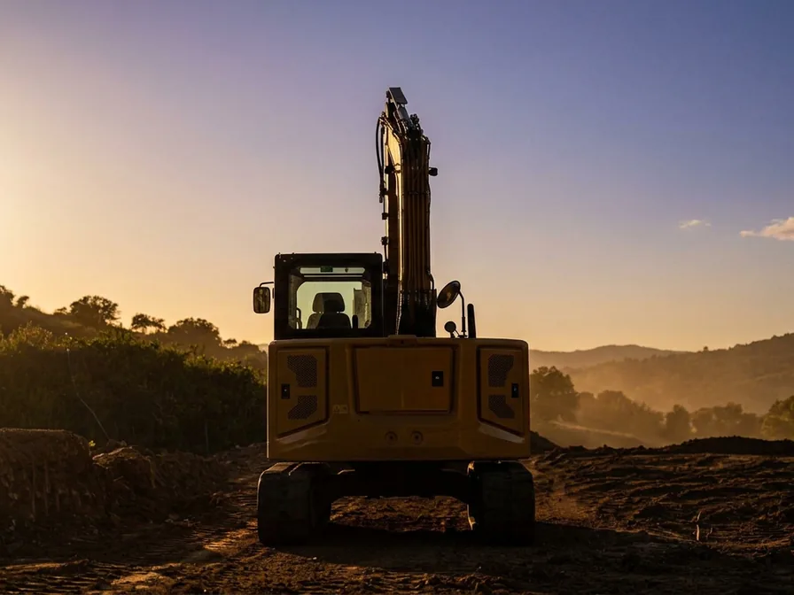 Une pelle vue de dos sur une piste de chantier, au coucher du soleil.
