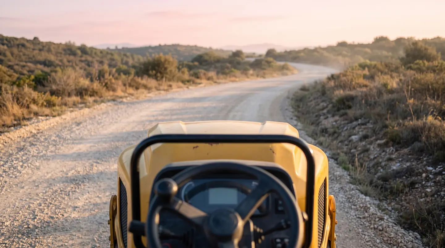 Vue depuis le poste d'un compacteur : le volant et le capot jaune, face à une piste de gravier entre les collines.