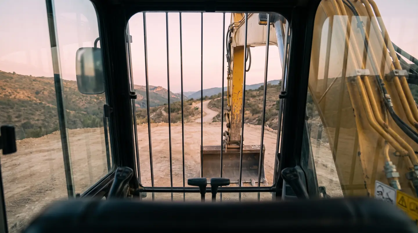 Vue depuis la cabine d'une pelle, derrière la grille du pare-brise : le godet posé au sol, une piste qui descend entre les collines.