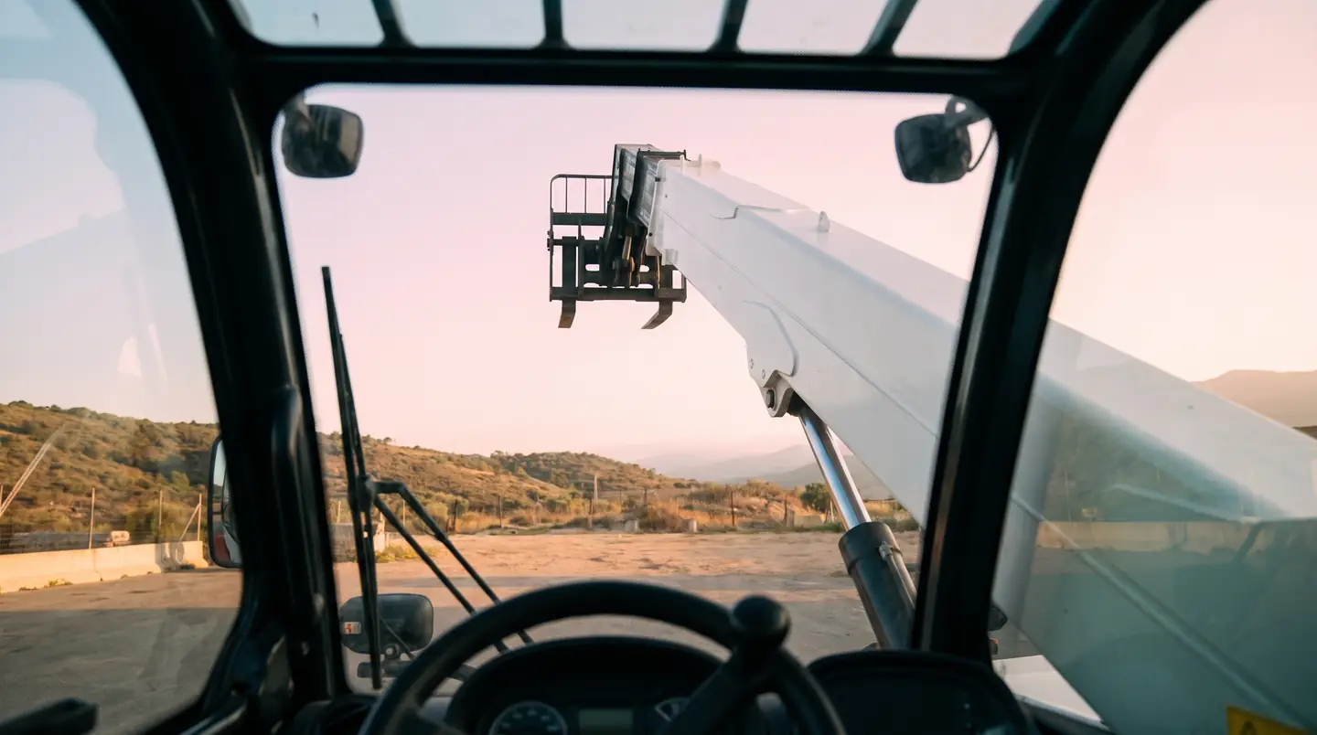 Vue depuis la cabine d'un télescopique : la flèche blanche levée, ses fourches en l'air, le volant au premier plan.